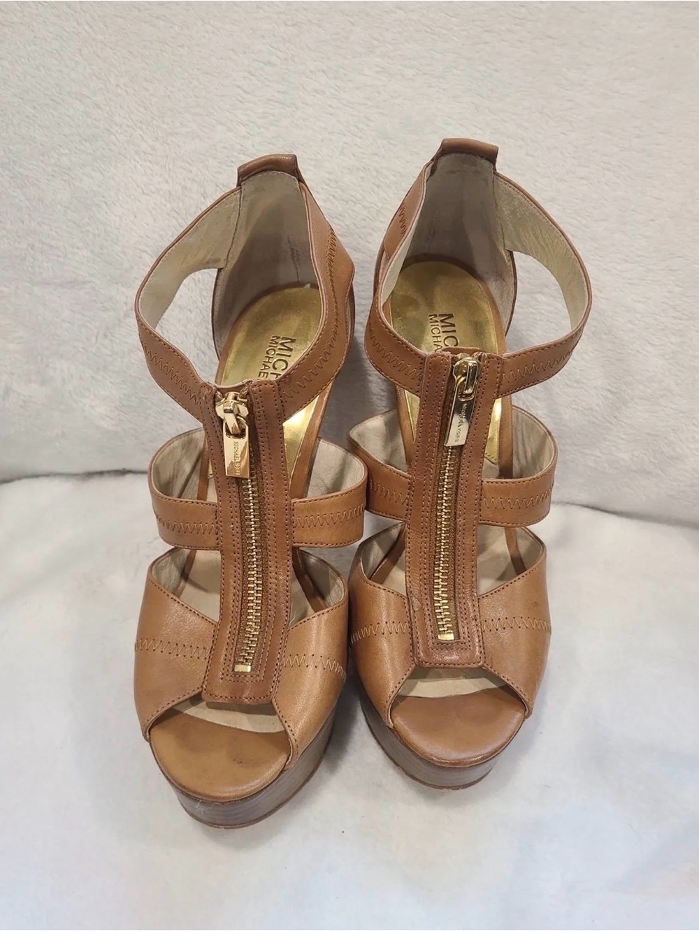 Michael Kors Leather Zip Front Platform Heels – Tan/Cognac – Size 7.5